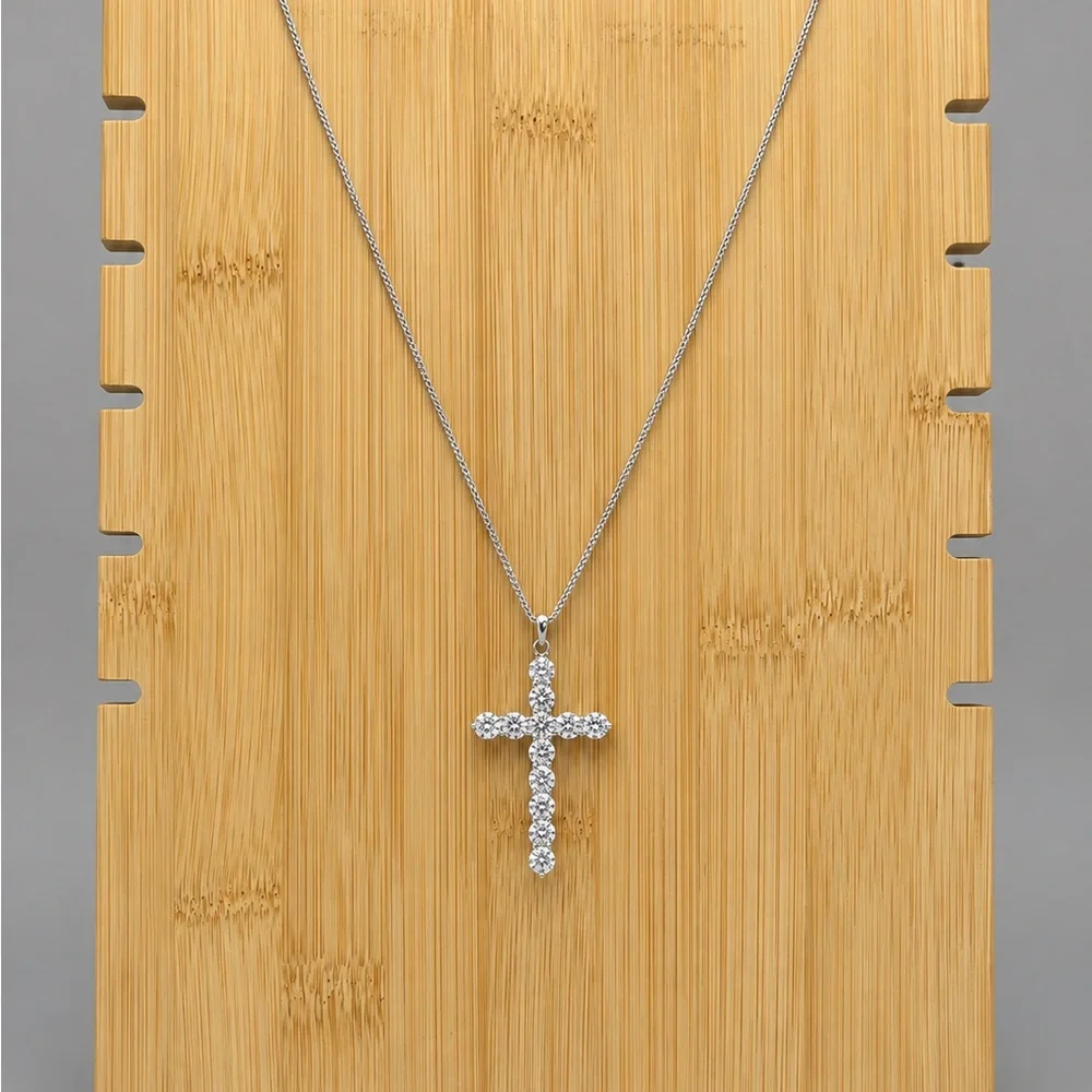 925 Sterling Silver 6.00CT MOISSANITE Cross Pendant Necklace Size 18”